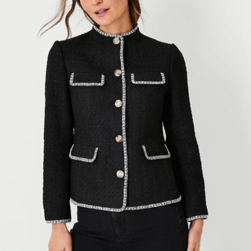 NWT Ann Taylor Petite Tweed Military Jacket Blazer Size 0P Retail Price $185.00